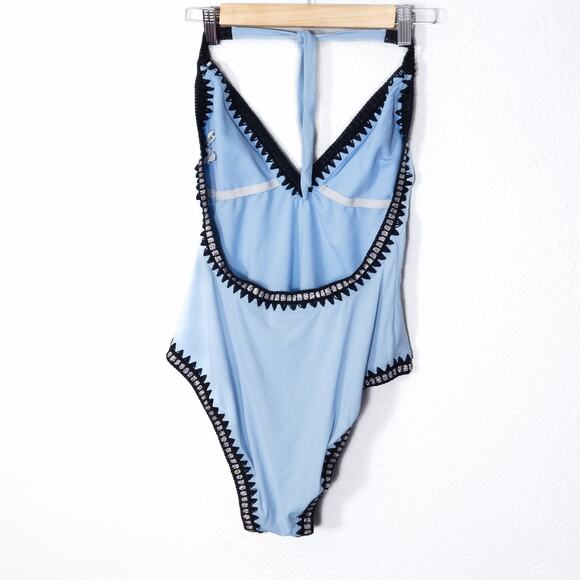 Bar III Women’s Blue One Piece Swimsuit Y2K Resortcore Crochet Trim Size Large - Picture 2 of 9